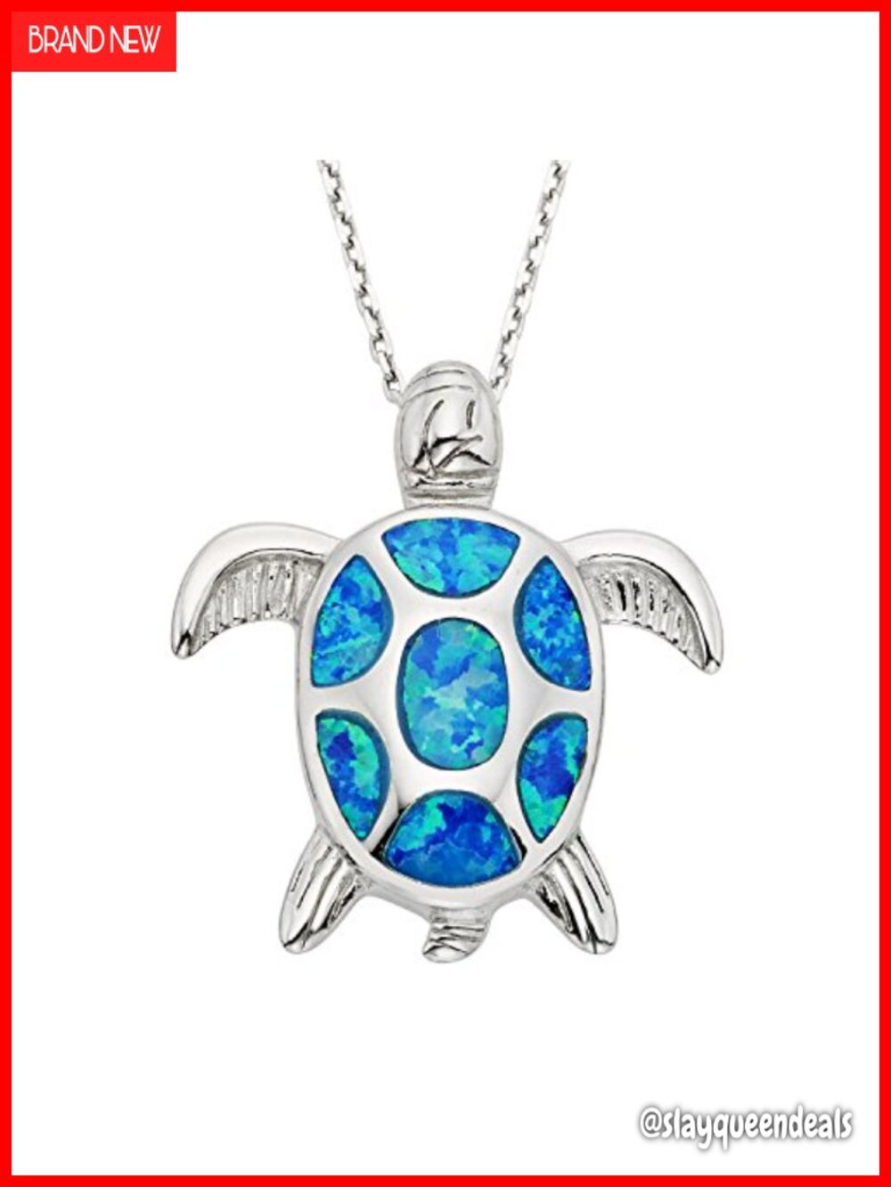 Created Blue Opal Sea Turtle Pendant Necklace 925 Sterling Silver 18 Inch Chain
